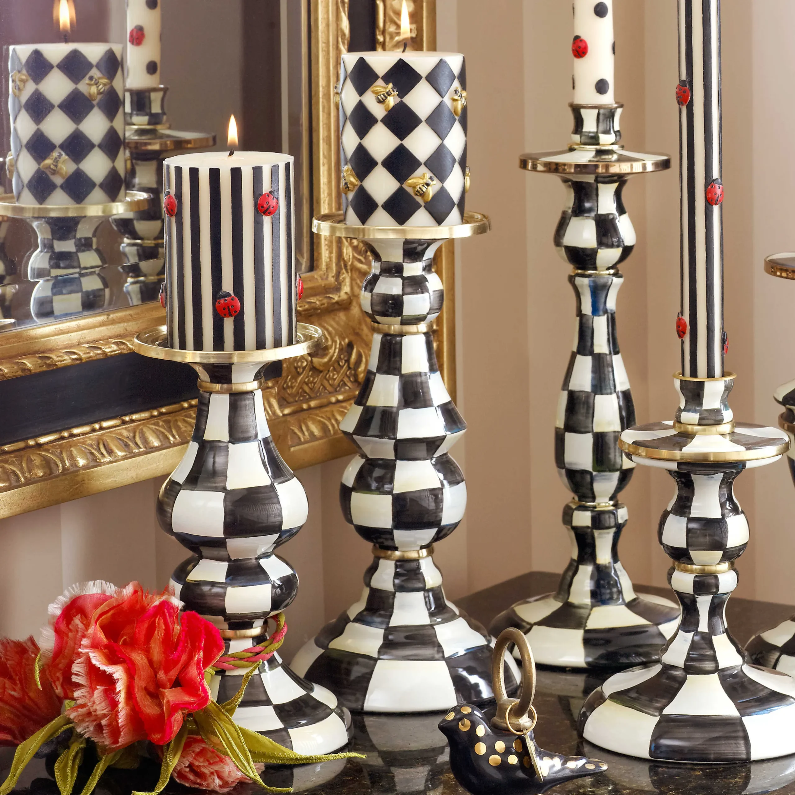 Outlet MacKenzie-Childs Courtly Check Enamel Pillar Candlestick - Large