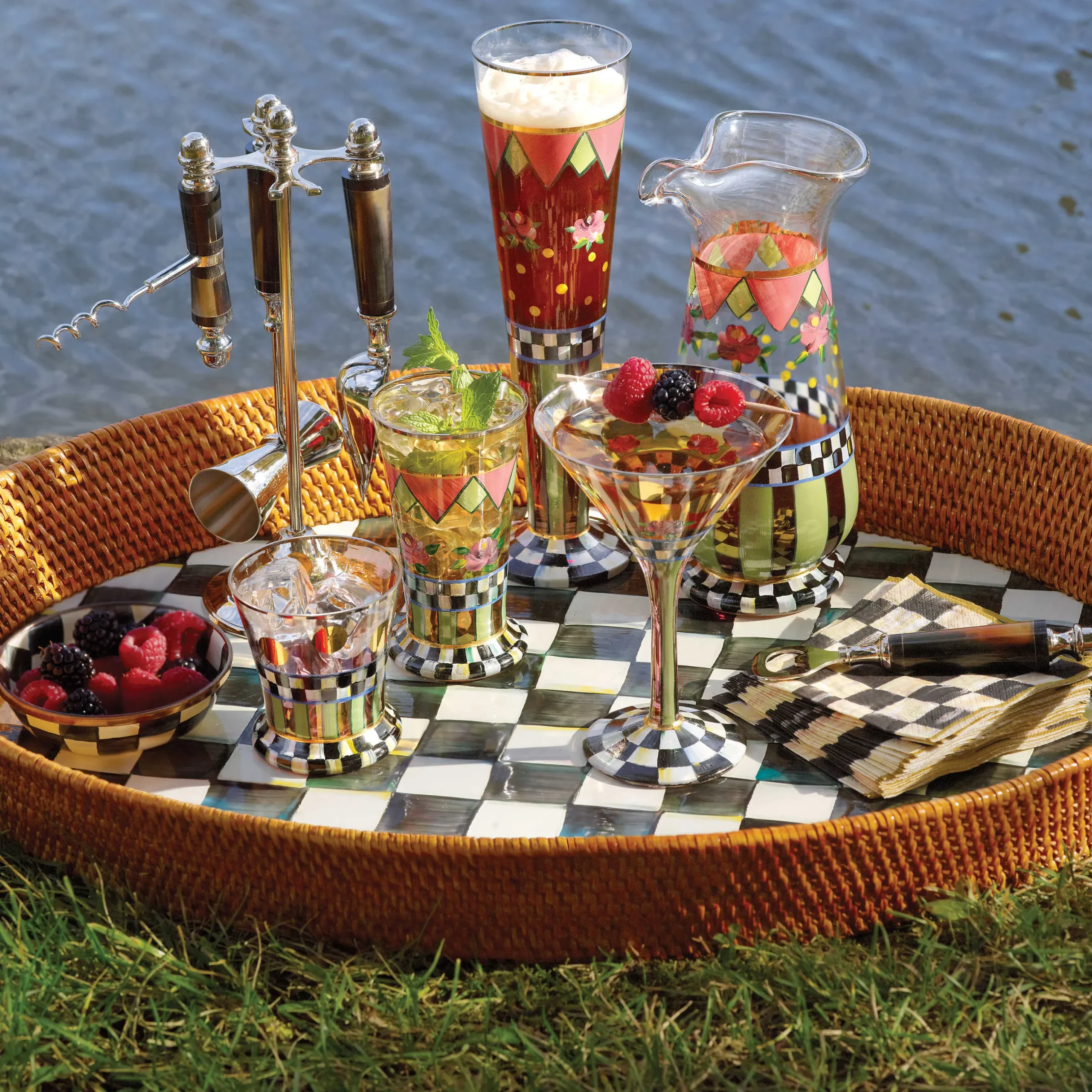 Sale MacKenzie-Childs Courtly Check Rattan & Enamel Party Tray