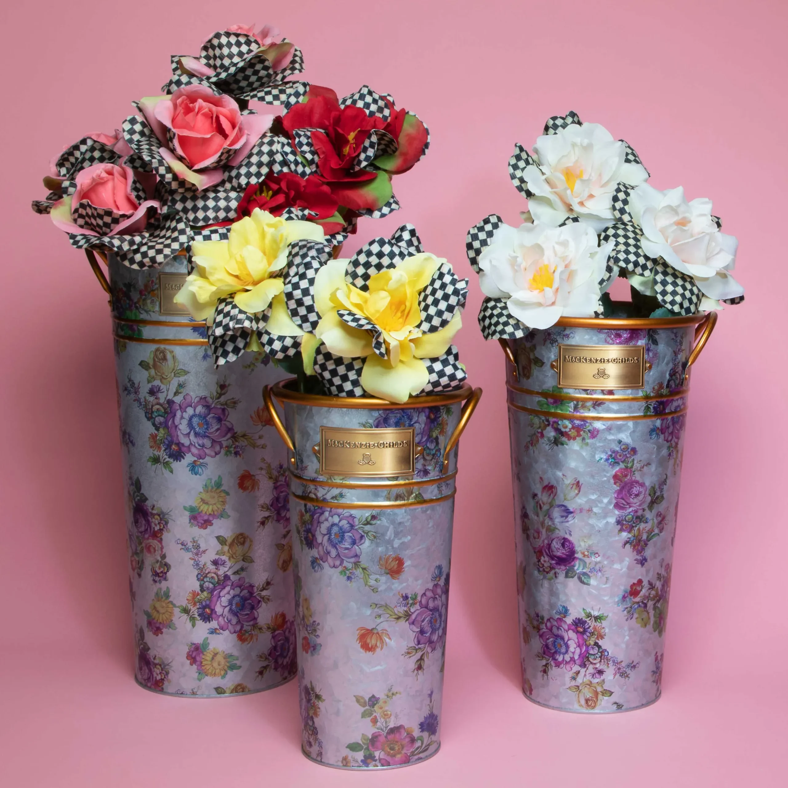 New MacKenzie-Childs Flower Market Galvanized Flower Buckets - Set Of 3