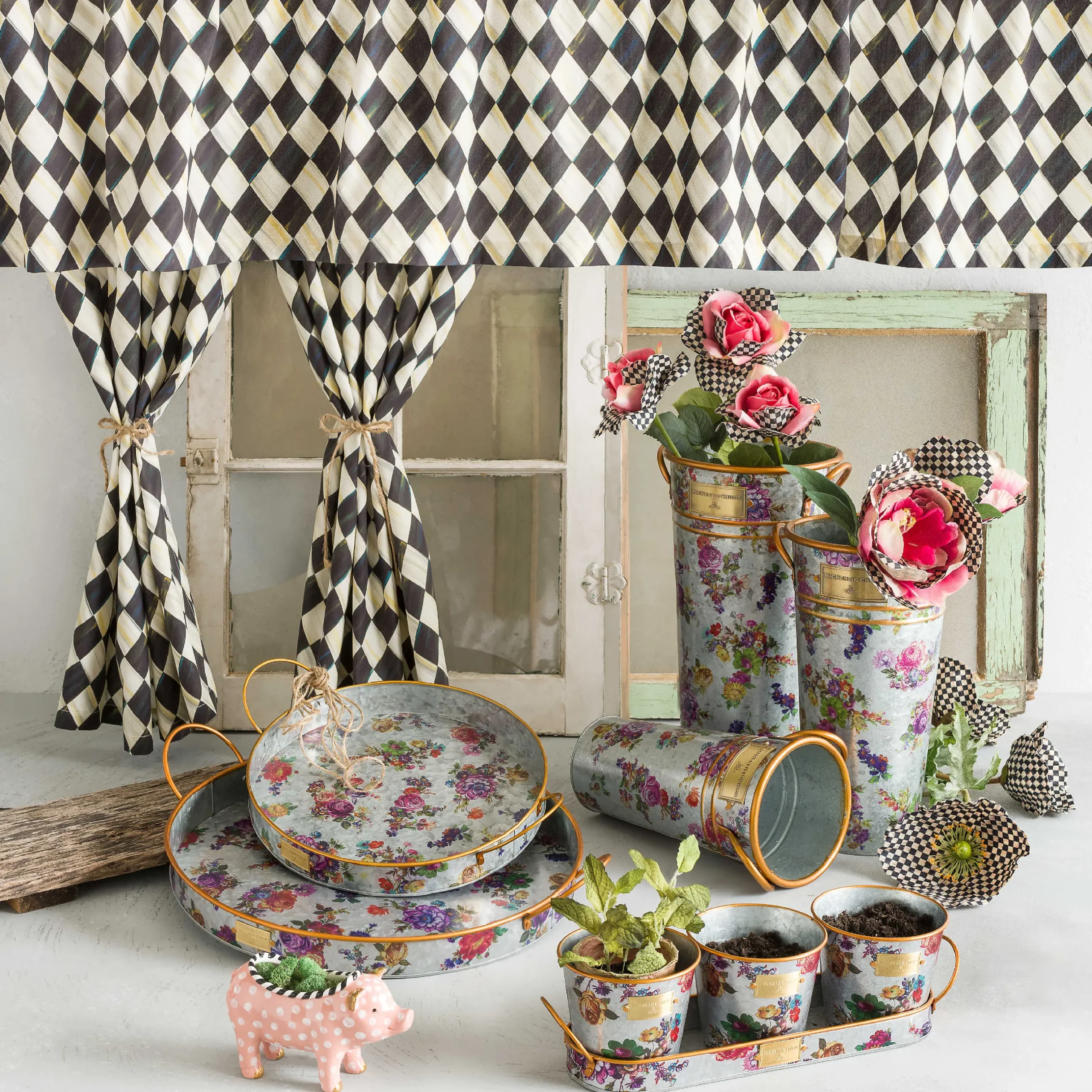 MacKenzie-Childs Flower Market Galvanized Herb Pots With Tray - Set Of 3