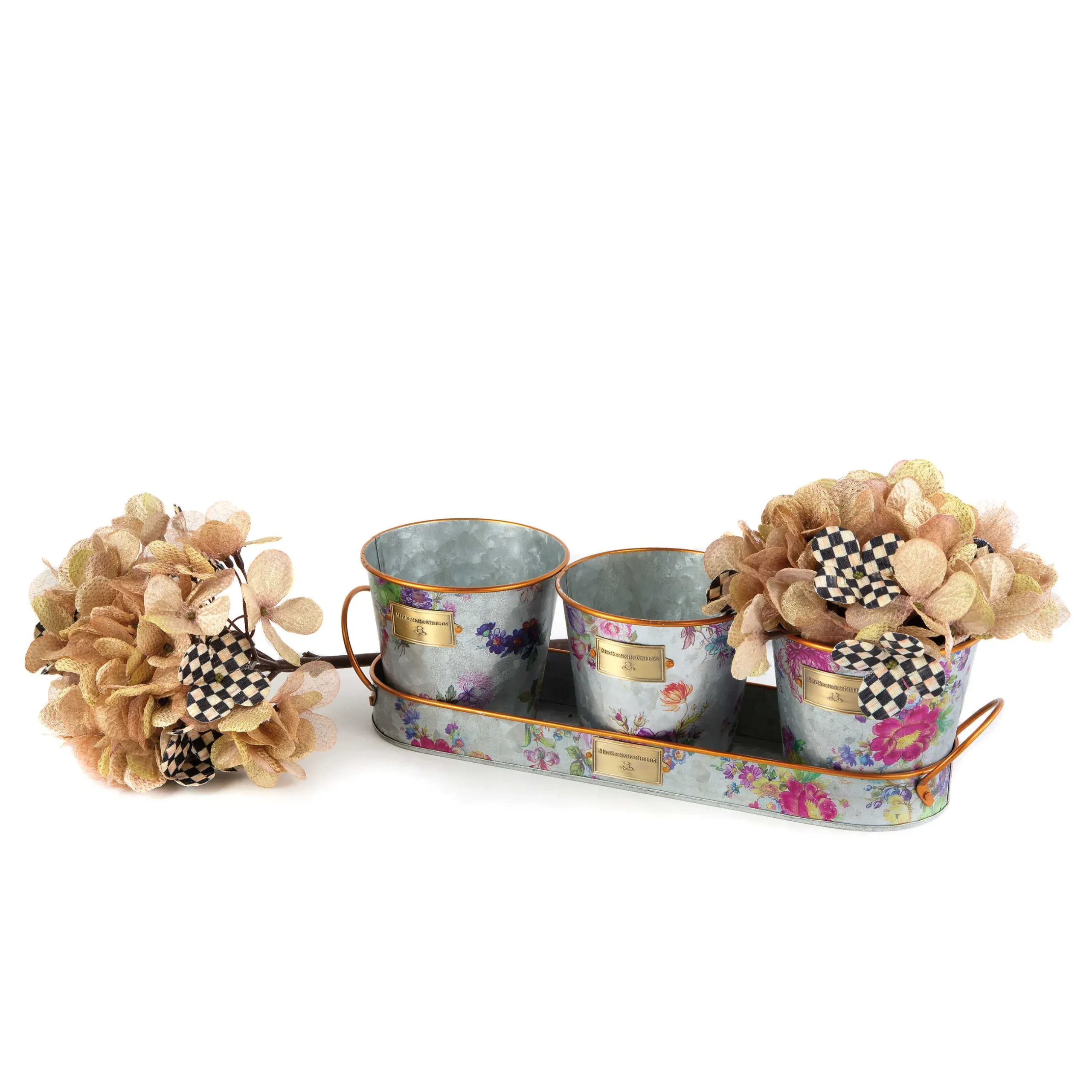 MacKenzie-Childs Flower Market Galvanized Herb Pots With Tray - Set Of 3