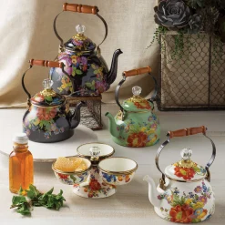 Clearance MacKenzie-Childs Flower Market 3 Quart Tea Kettle - Black