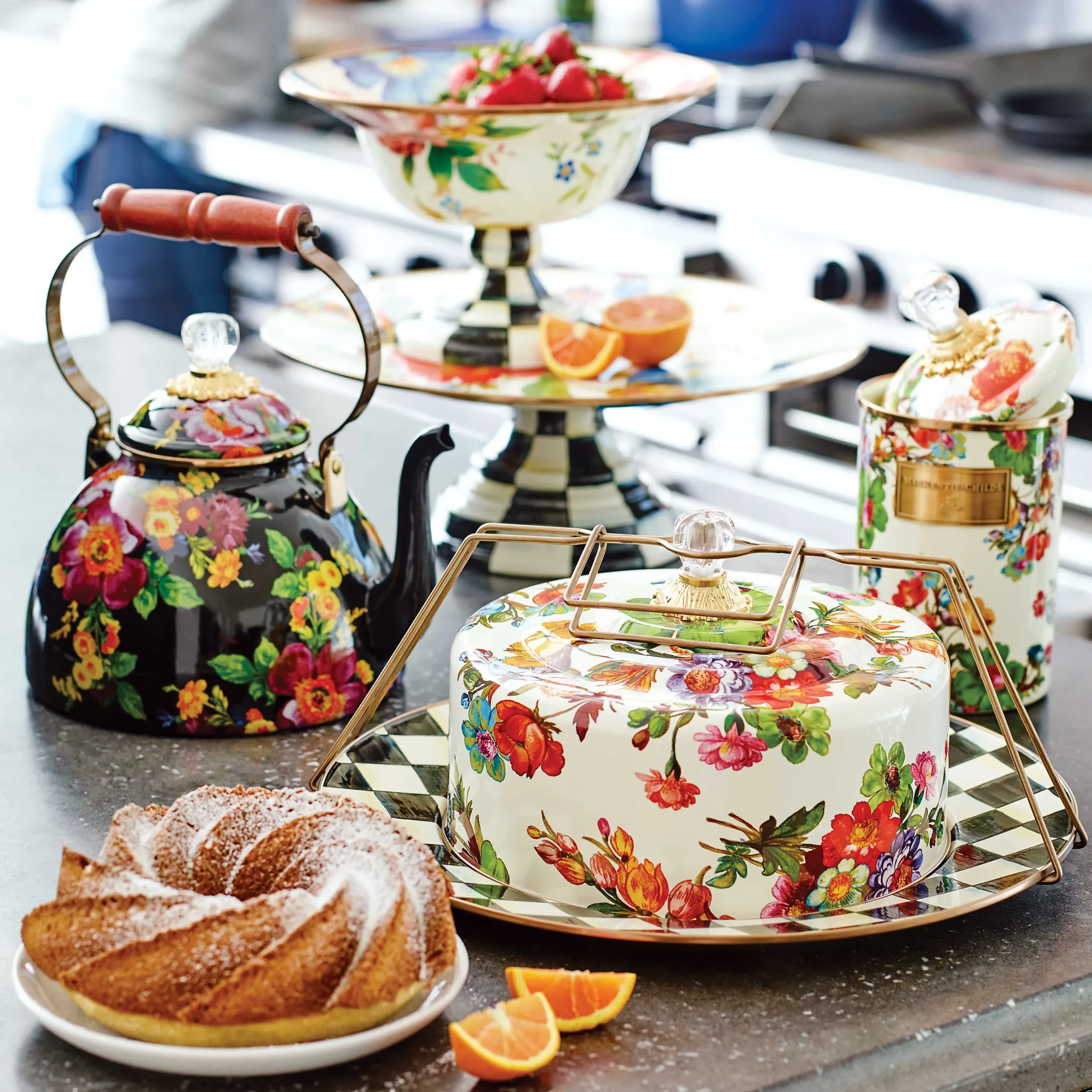 Clearance MacKenzie-Childs Flower Market 3 Quart Tea Kettle - Black