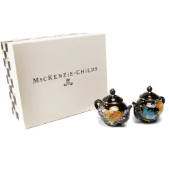 New MacKenzie-Childs Flower Market Teapot Salt & Pepper Set - Black