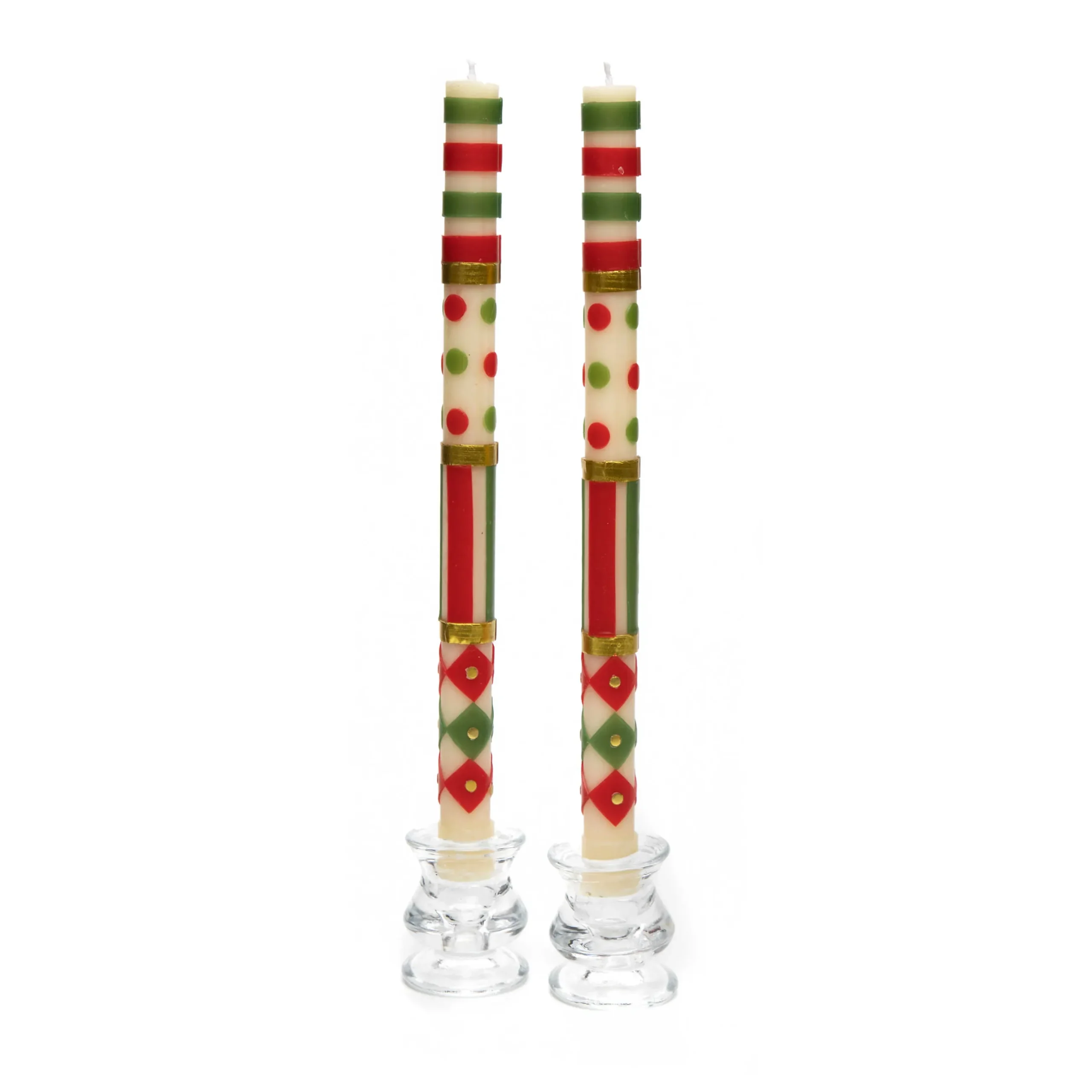 Clearance MacKenzie-Childs Jester Dinner Candles - Red, Green, & Gold - Set Of 2