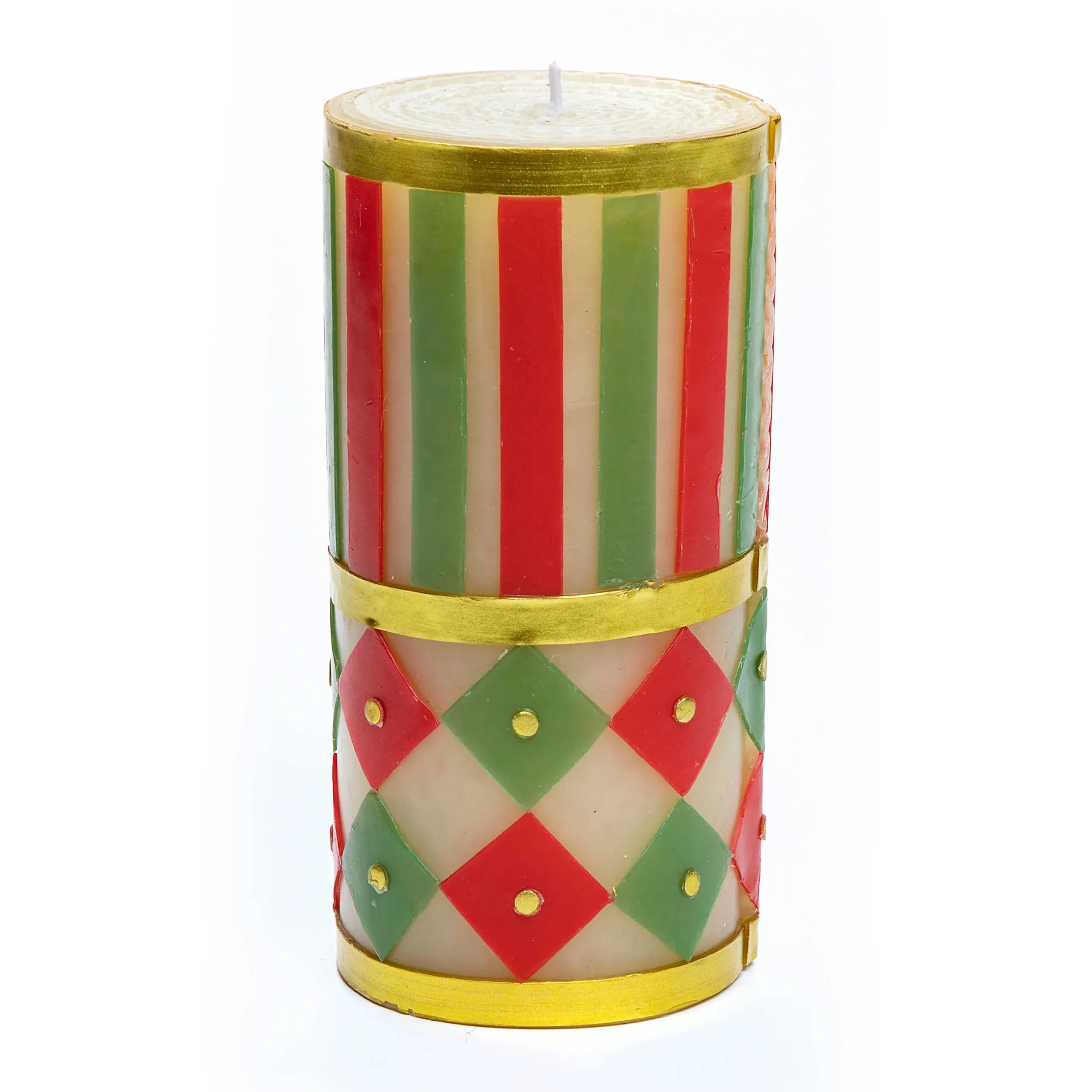 Clearance MacKenzie-Childs Jester Pillar Candle - Red, Green, & Gold - 6"