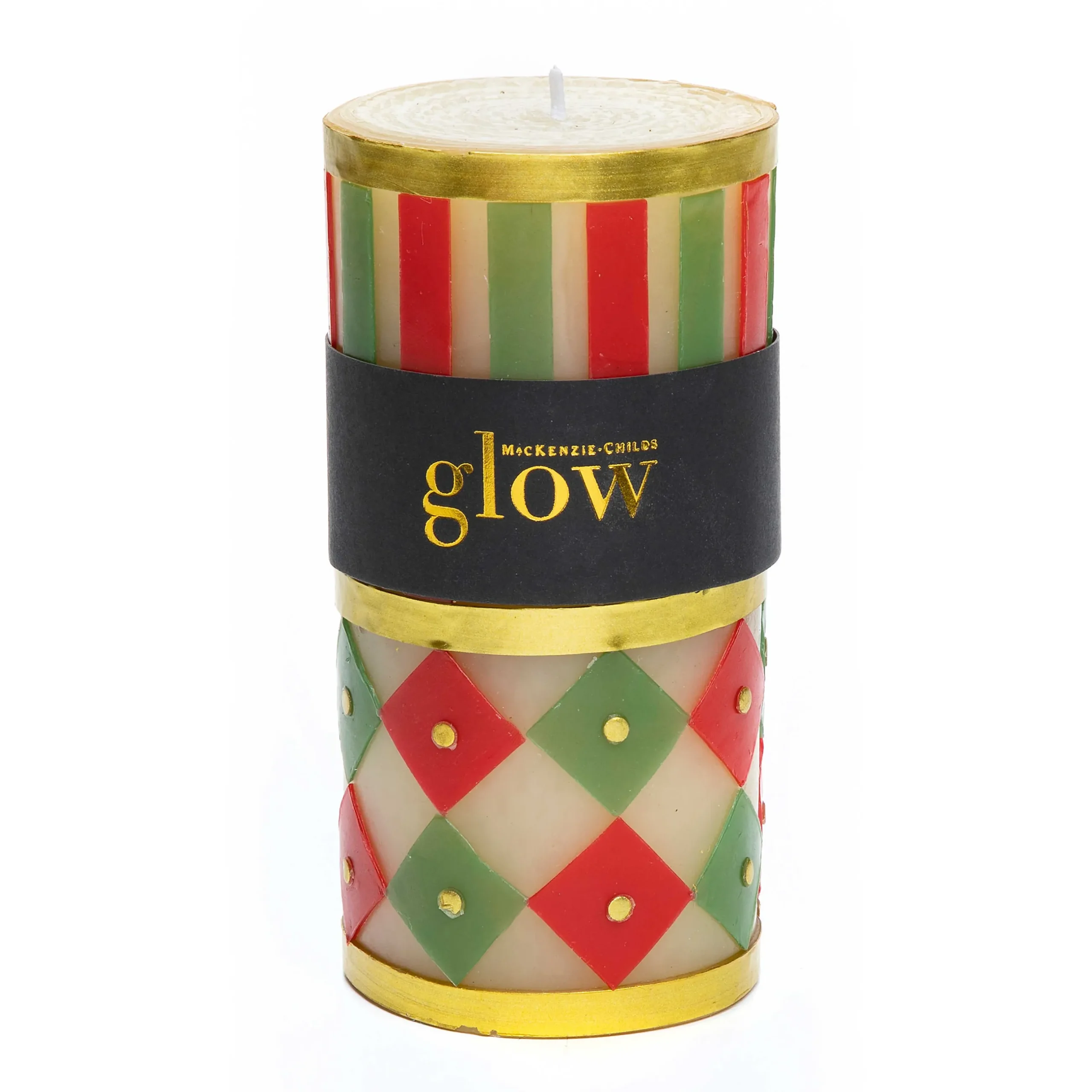 Clearance MacKenzie-Childs Jester Pillar Candle - Red, Green, & Gold - 6"