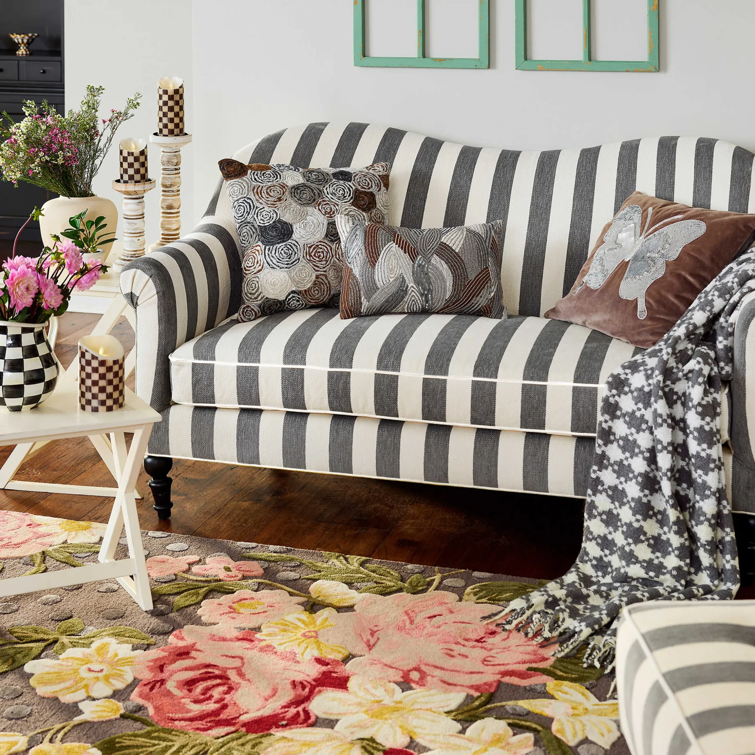 Clearance MacKenzie-Childs Marquee Loveseat - Chenille Grey Stripe