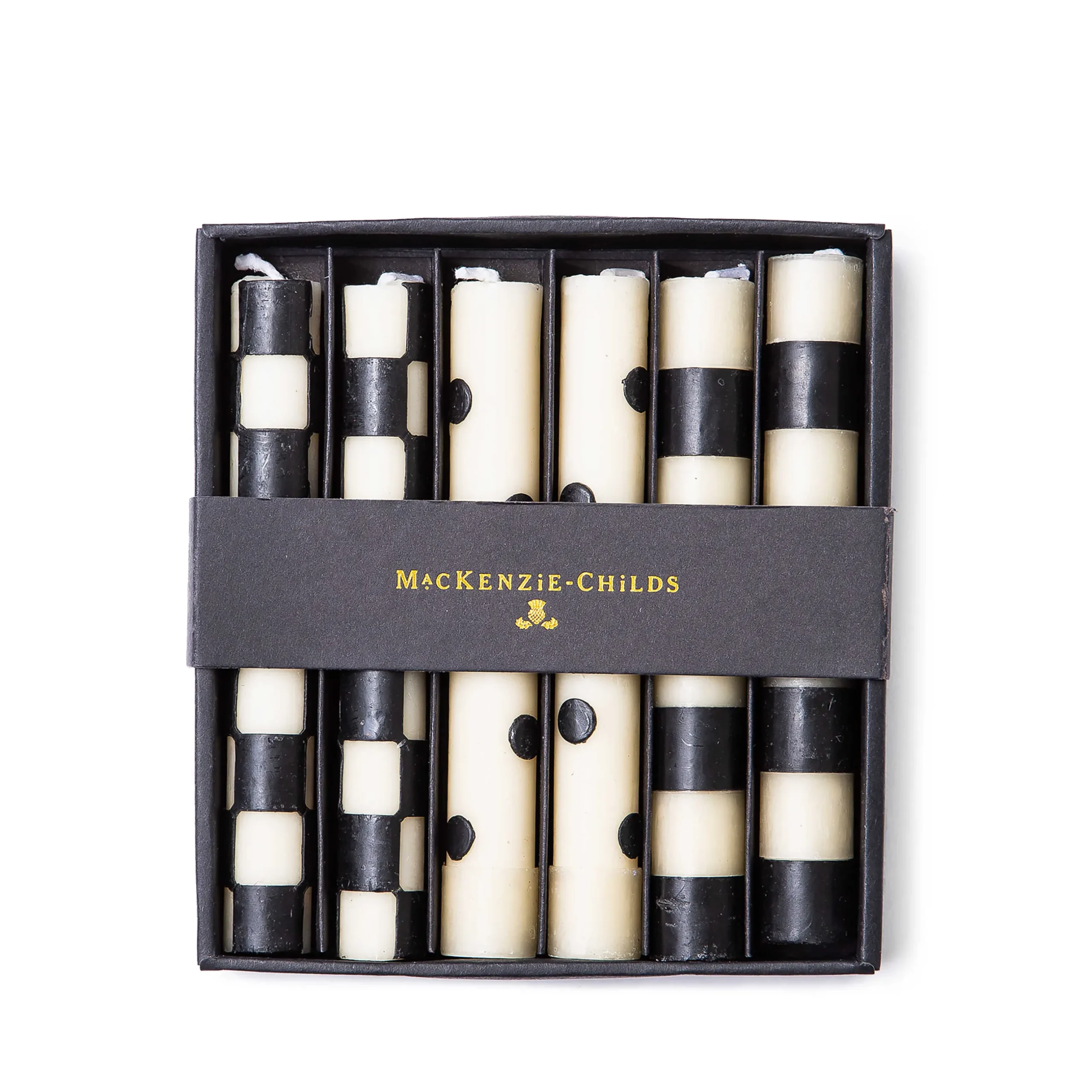 Clearance MacKenzie-Childs Mini Dinner Candles - Black & Ivory - Set Of 6