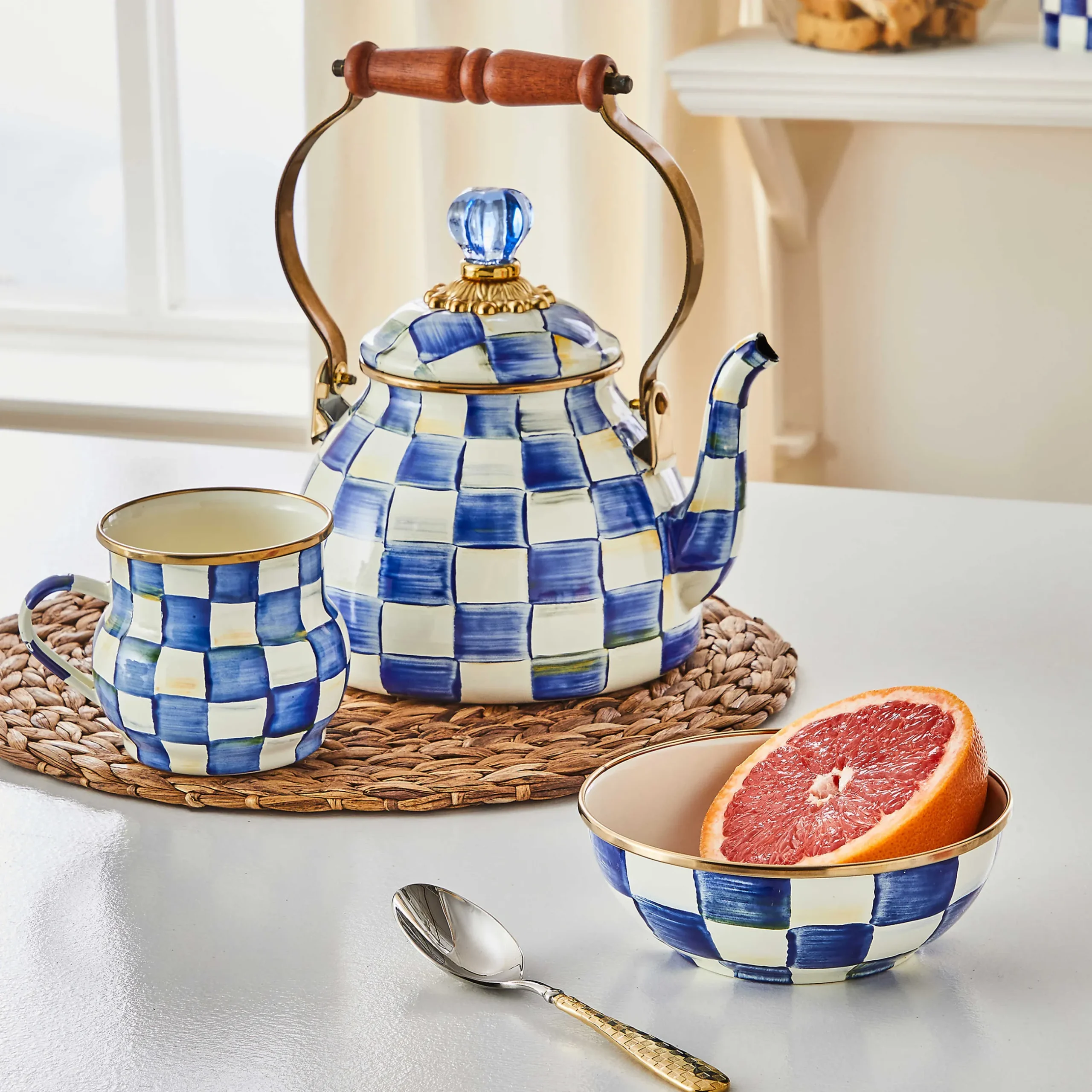 Clearance MacKenzie-Childs Royal Check Enamel Tea Kettle - 2 Quart