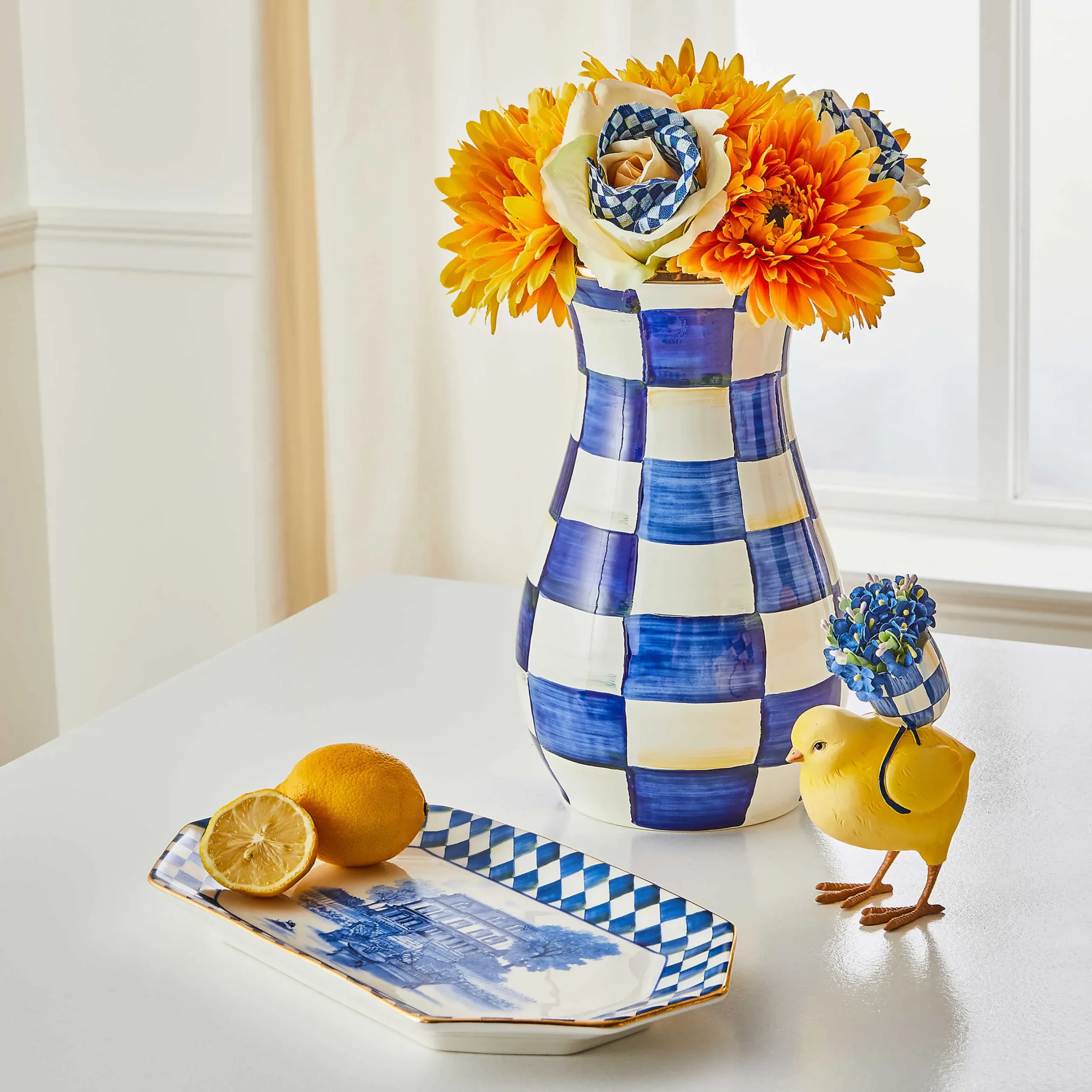 Discount MacKenzie-Childs Royal Check Tall Vase & Bouquet Set