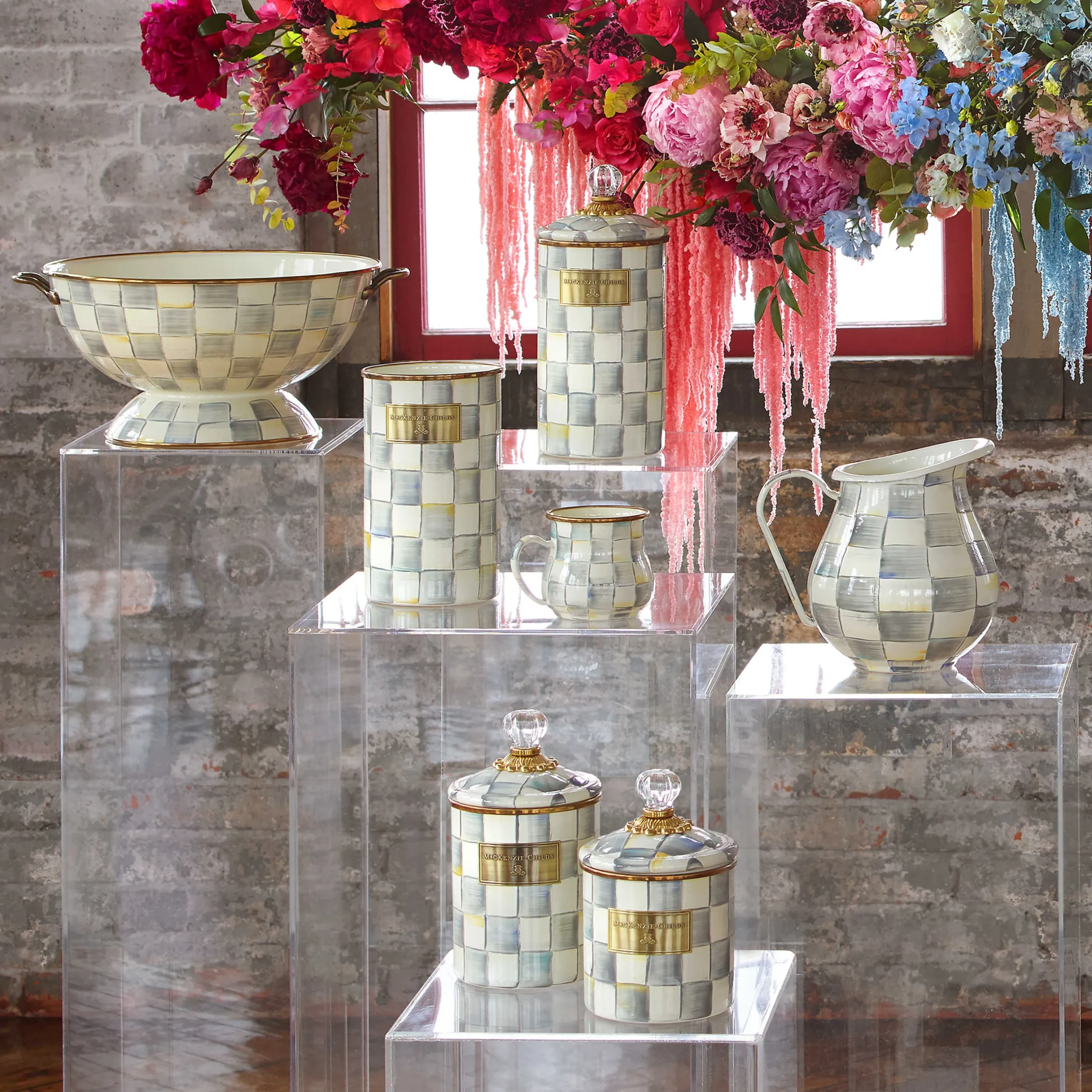 New MacKenzie-Childs Sterling Check Enamel Pitcher