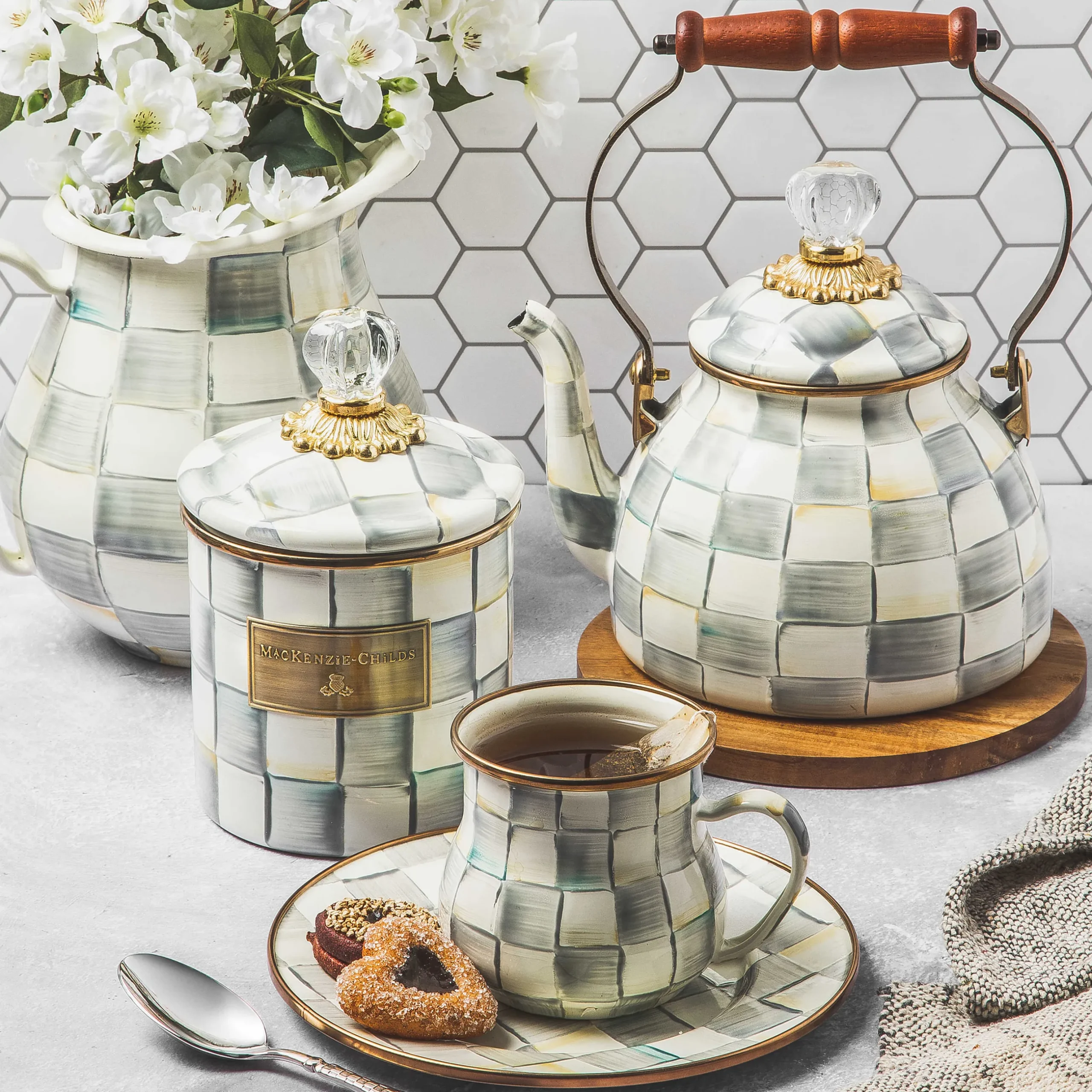 Online MacKenzie-Childs Sterling Check Enamel Tea Kettle - 2 Quart