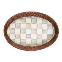 New MacKenzie-Childs Sterling Check Rattan & Enamel Tray - Small